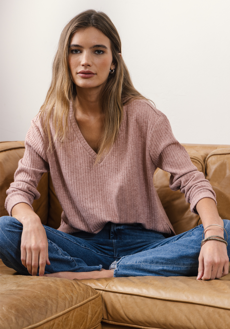 Brushed Rib V Neck Pullover