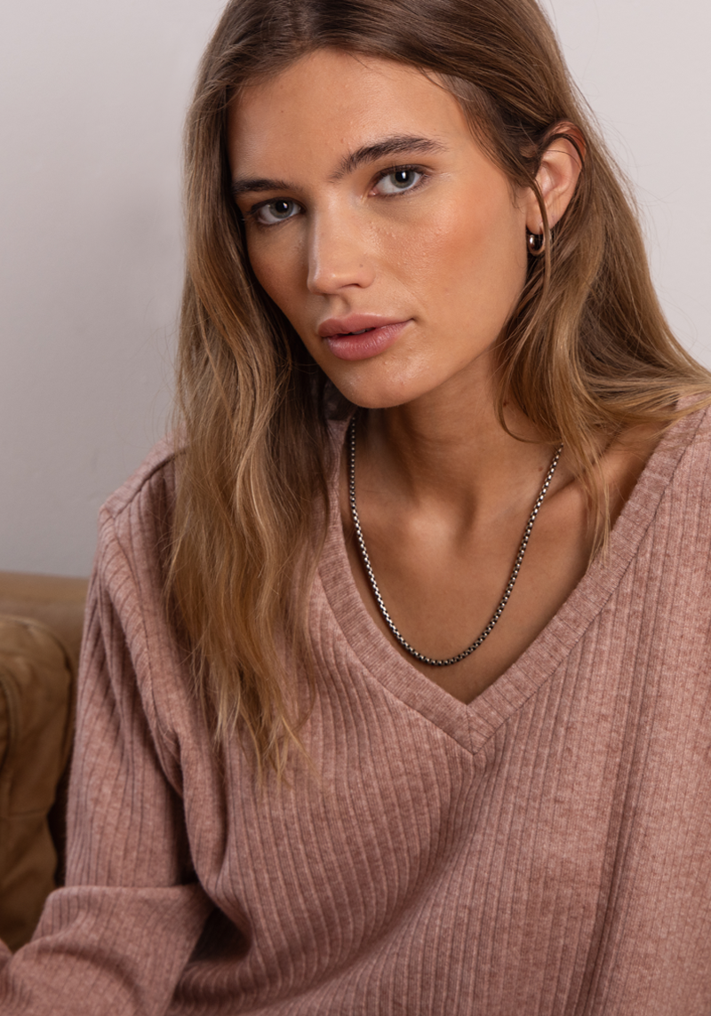 Brushed Rib V Neck Pullover