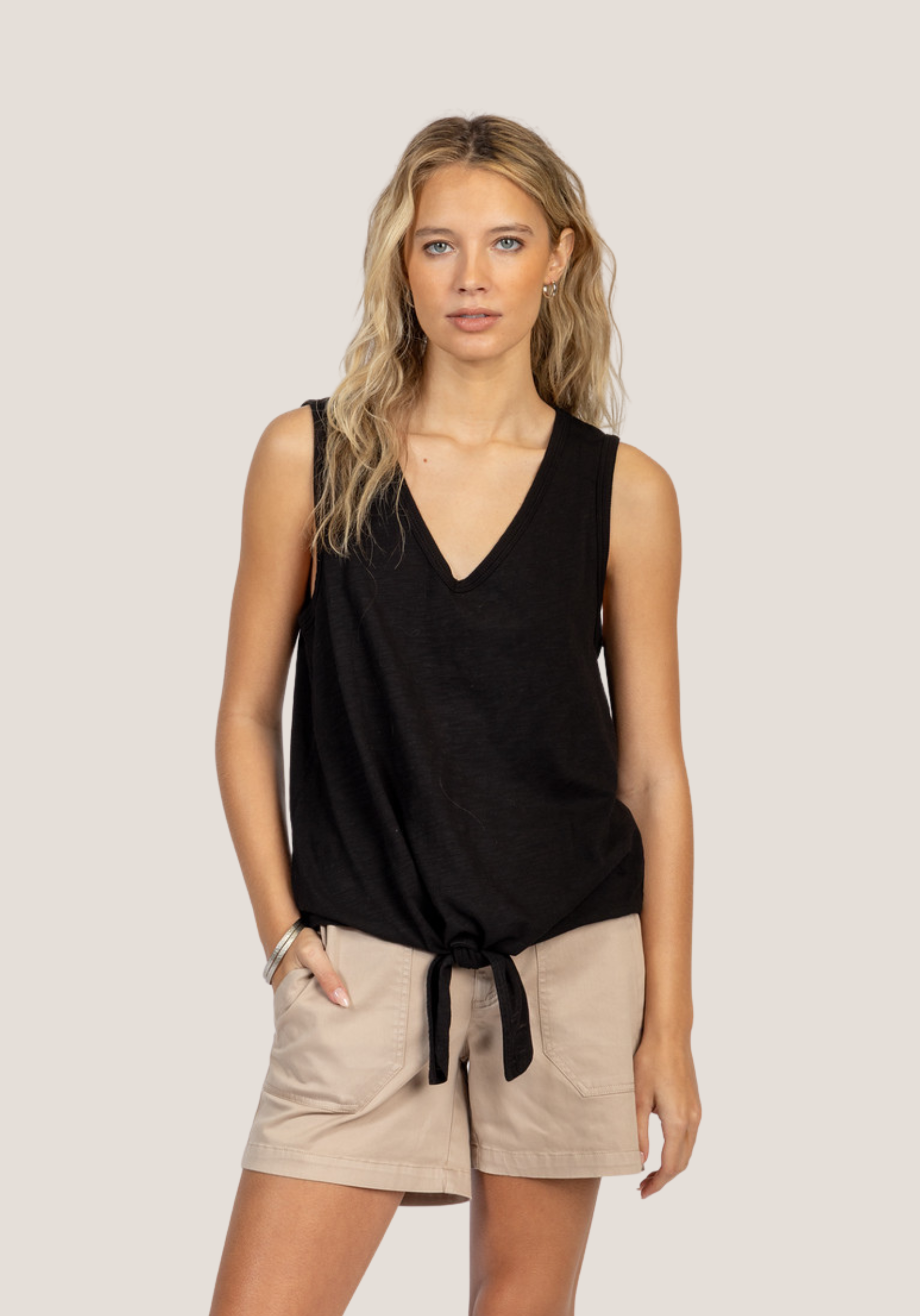 Deep V-Sleeveless Tie Top