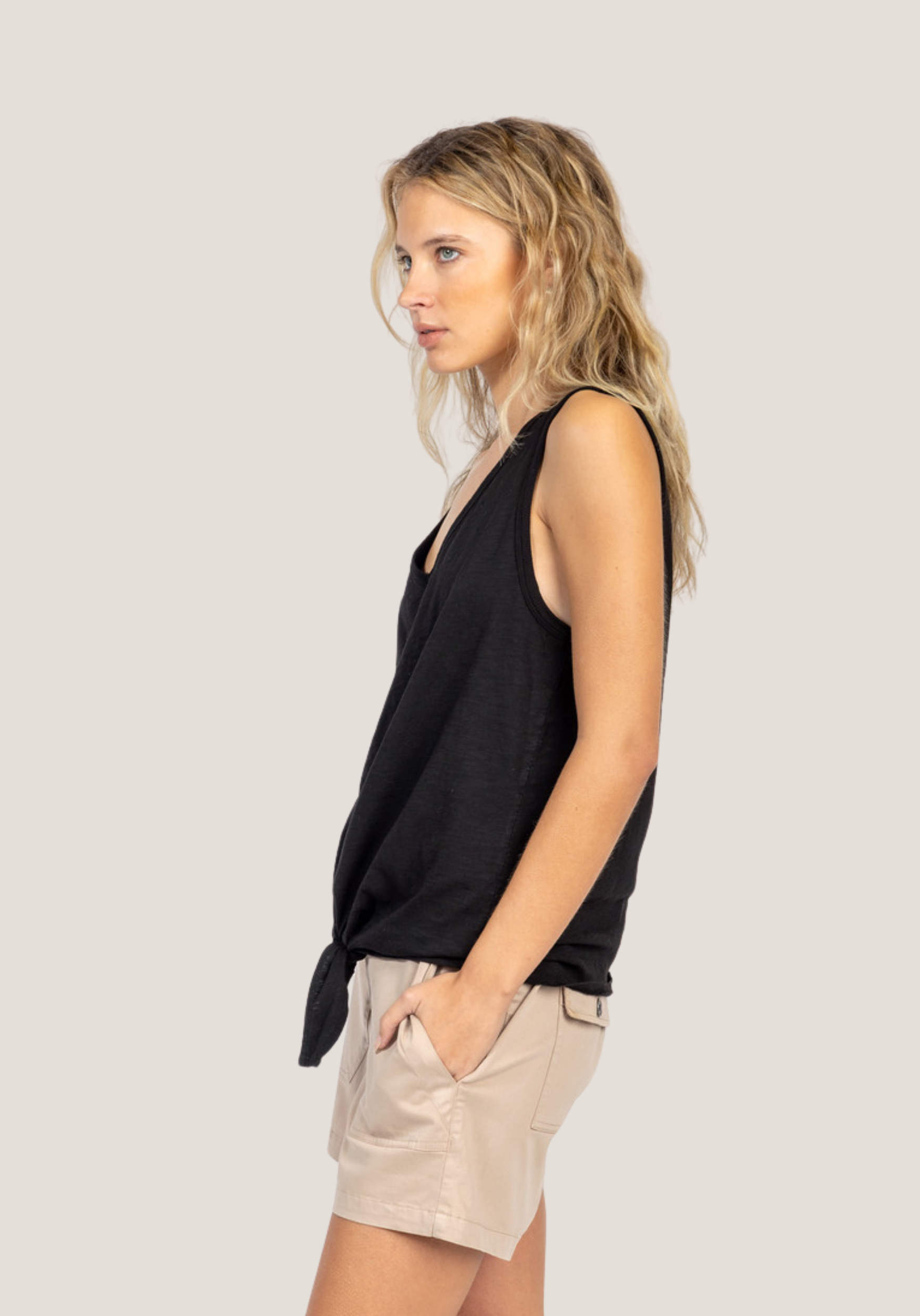 Deep V-Sleeveless Tie Top
