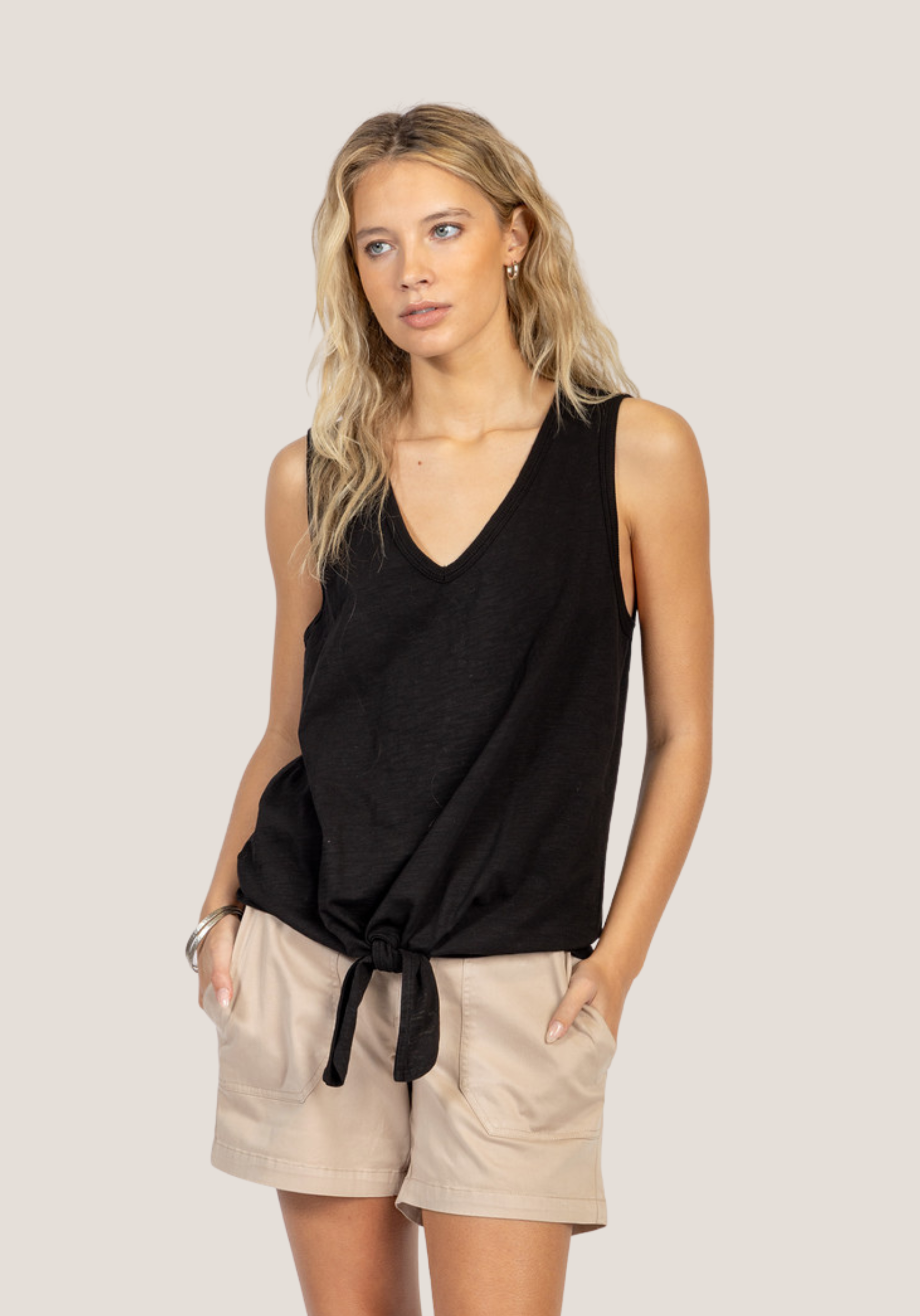 Deep V-Sleeveless Tie Top