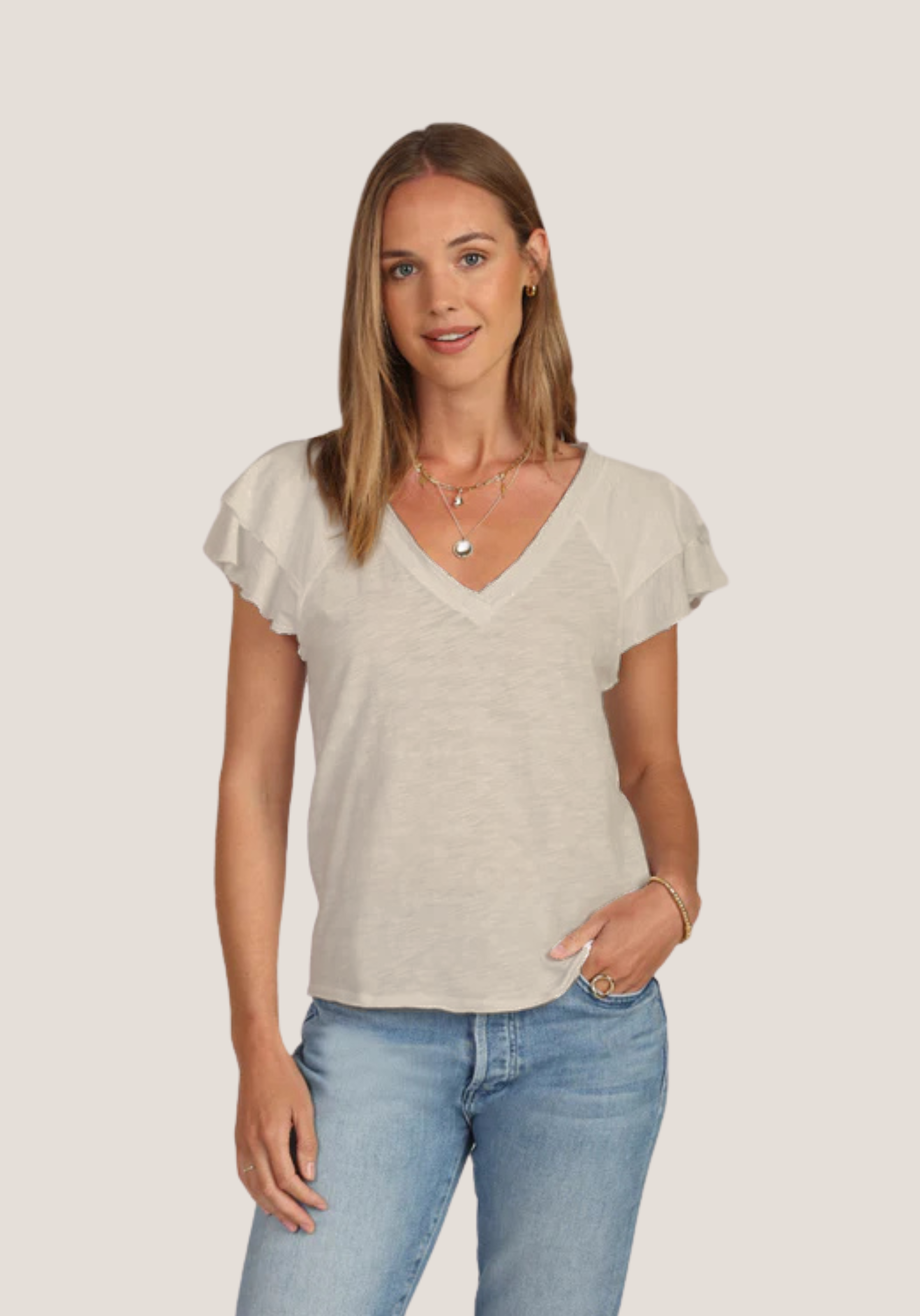Ruffle Sleeve Deep-V Shirt