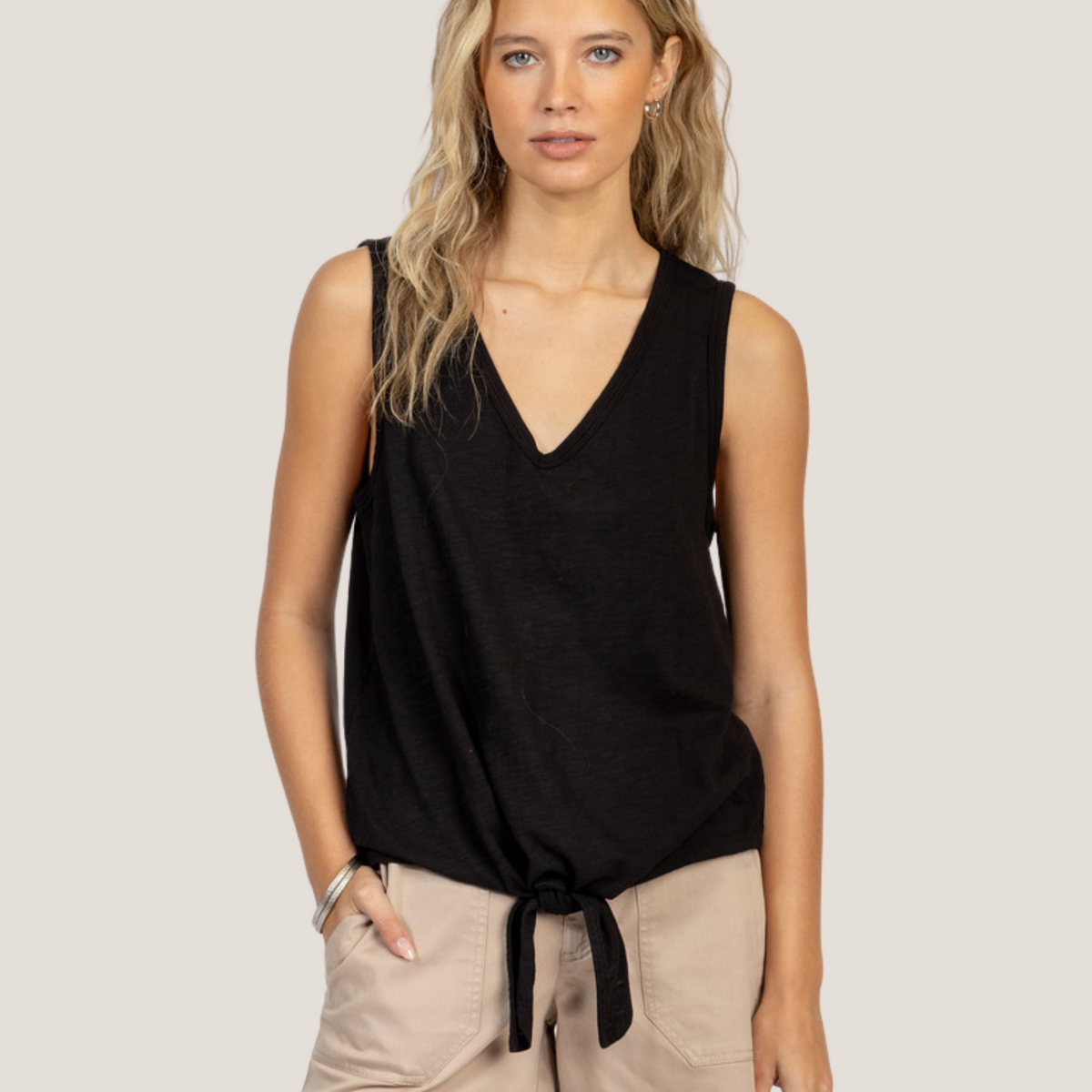Deep V-Sleeveless Tie Top