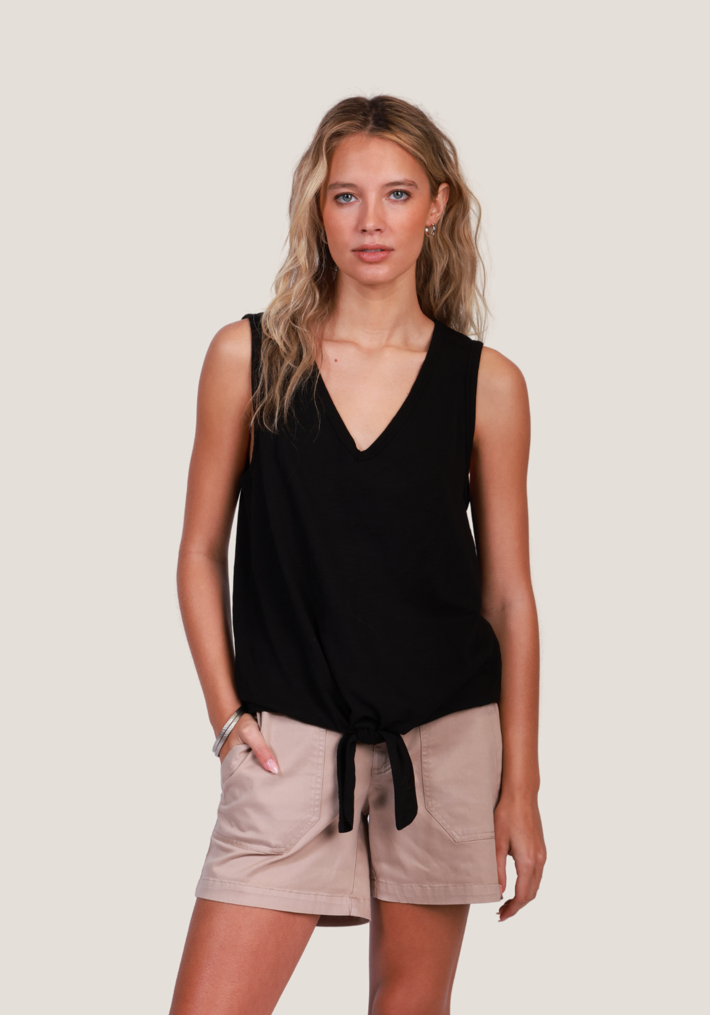 Deep V-Sleeveless Tie Top