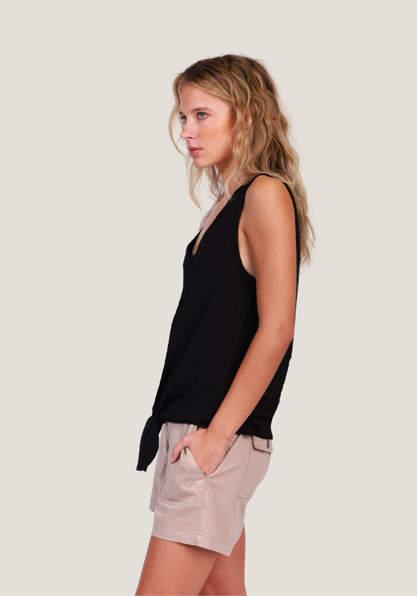 Deep V-Sleeveless Tie Top