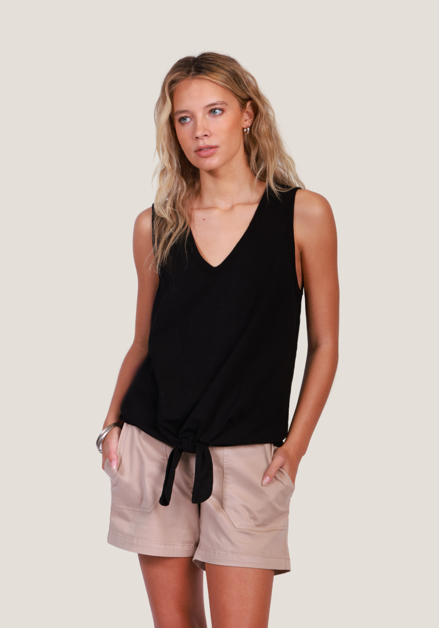 Deep V-Sleeveless Tie Top