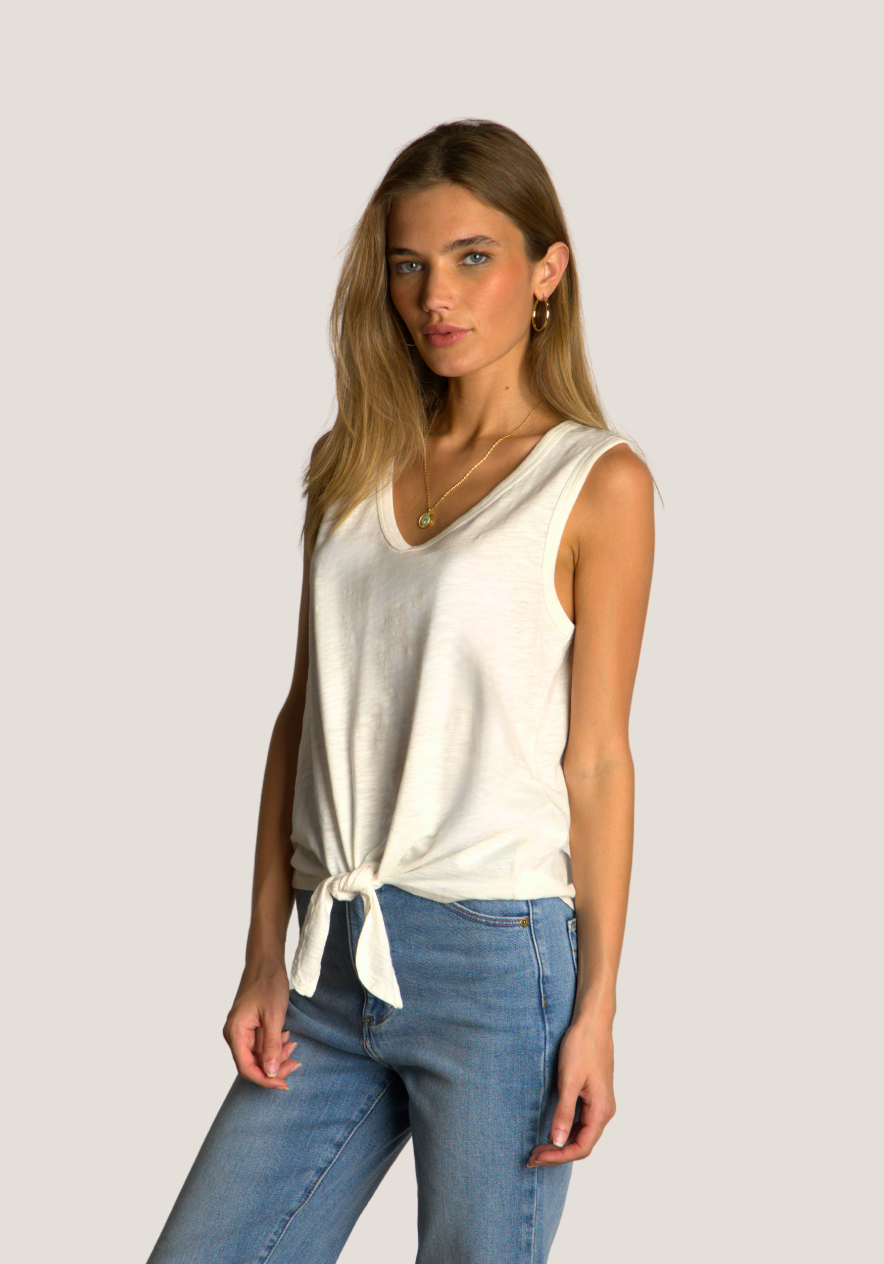 Deep V-Sleeveless Tie Top